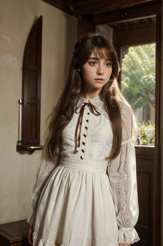 À la Fed image of a girl in a white lace dress and Leonardo da Vinci notes background, stunning young ethereal figure, portrait of a magical girl, portrait of a young witch girl, girl in steampunk clothes, musician girl in lace clothes, Natalia Dyer, Daphne Keen, portrait of a young witch, a girl with magical powers, inspired by Irakli Nadar, Inspired by William Mustoster Lockhart, top quality, detail, detail, masterpiece, high image quality , a single character full body, standing on a white base, beautiful, masterpiece, best quality, A girl with long brown hair, has brown eyes with long eyelashes, her cheeks are natural red
