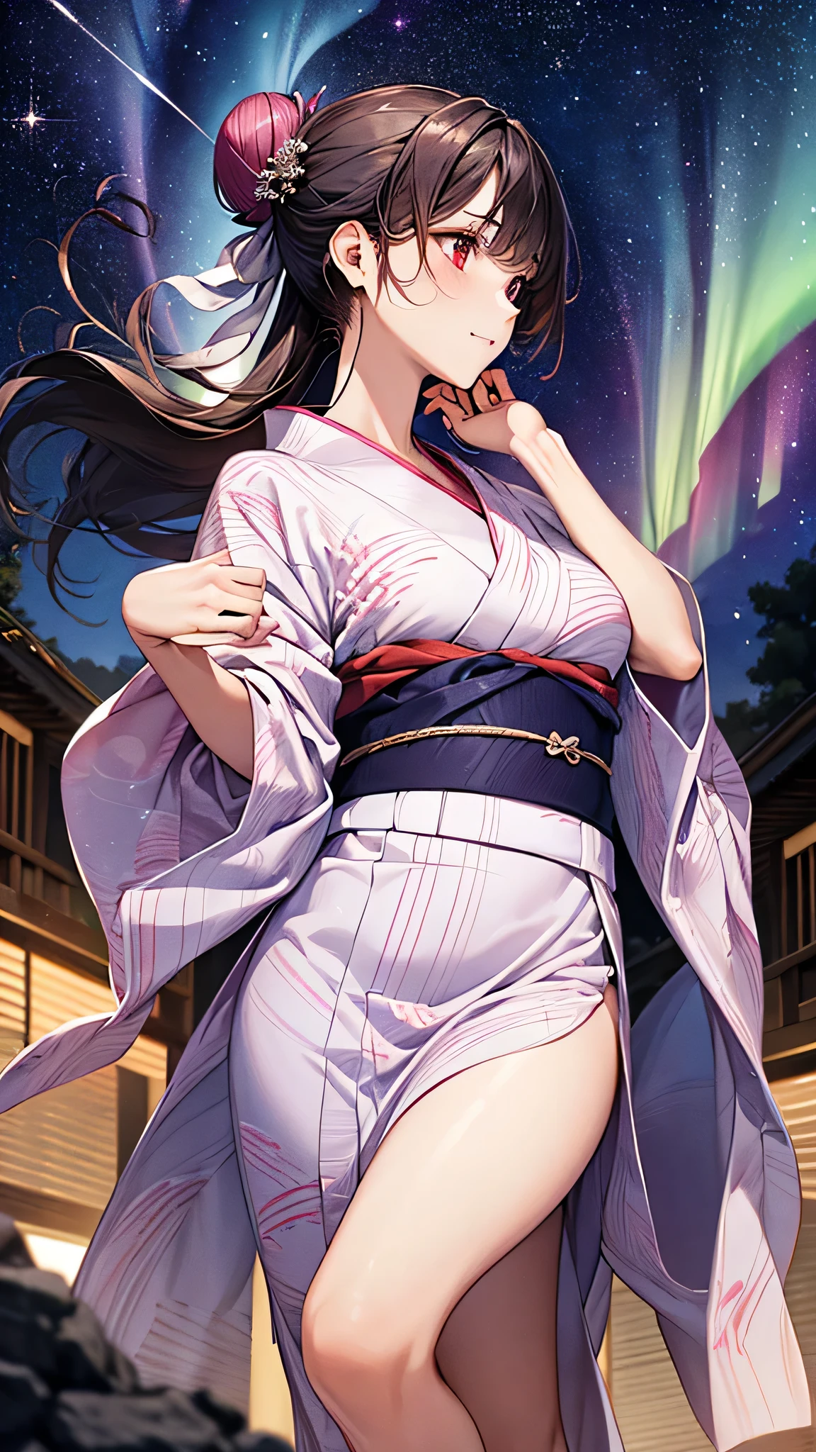 ((Highest quality)), ((High resolution)), ((masterpiece)), (detailed), (From below:1.1),
Written boundary depth, Anatomically correct, One mature woman, Perfect Face, profile, Shiny skin,
(Long Hair:1.5, Half-up hairstyle, Bun Hair), Red eyes, Long eyelashes, (Big Breasts:0.9), 
Beautiful Hair, Beautiful Face, Beautiful details, Beautiful clavicle, Beautiful body, Beautiful breasts, Beautiful thighs, Beautiful legs,
(Pink mini yukata, White band), 
(Beautiful views), Starry Sky, nebula, milky way, Aurora, Hands grasp the sky