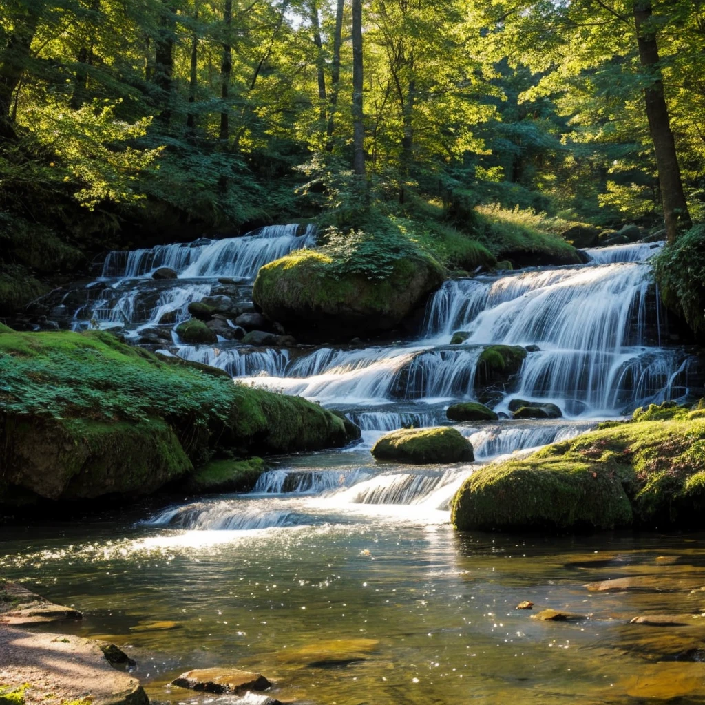 Un magnifique cours d'eau avec des grands et beaux arbres avec un magnifique dragon a côté