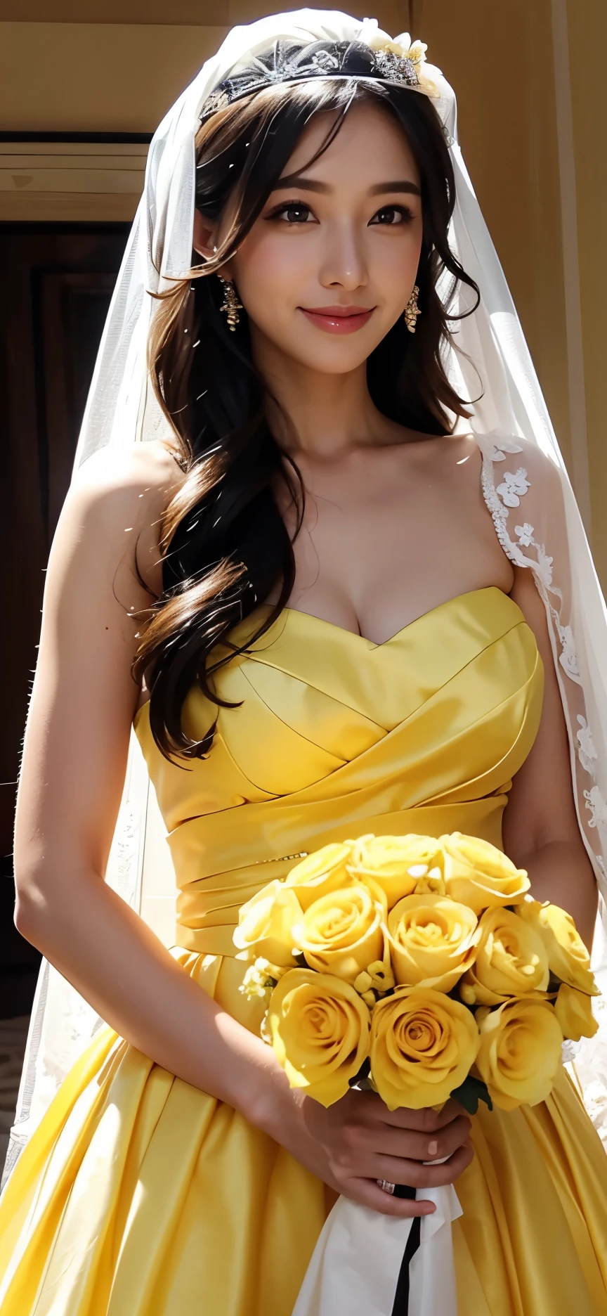 A woman wearing a yellow veil and yellow dress at a wedding and holding a yellow bouquet