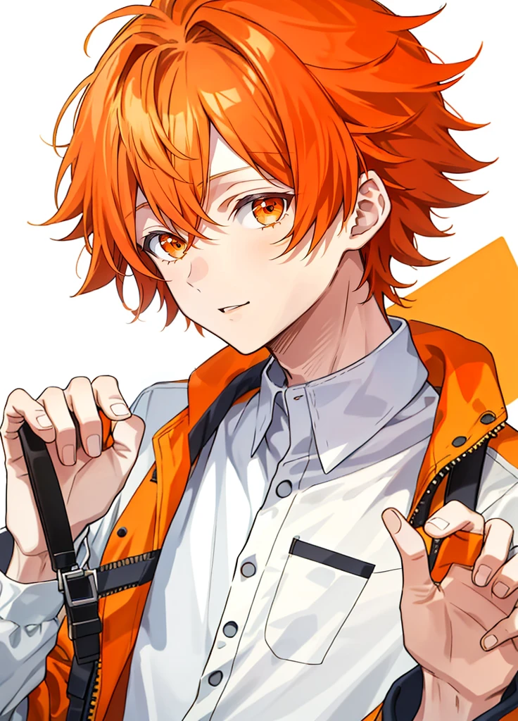 1 boy, 24 years old, messy hair, orange hair, medium hair, orange jumpsuit,