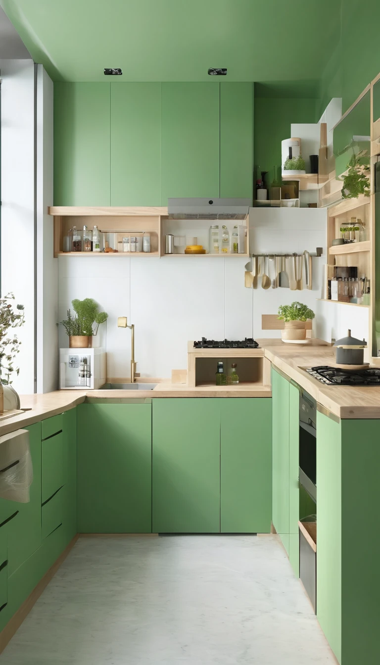 Simple and clean,concise,kitchen,refrigerator,Storage,Storage,plain view,Trying,Green Theme