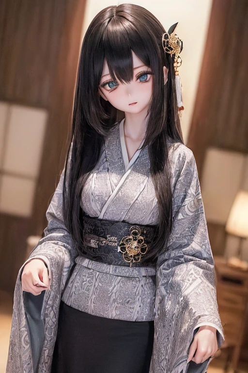 (SFW:2), photorealistic, realistic photo, ((highest quality)), ((masterpiece)), ((extremely detailed)), kukolnydom, doll, (mature woman, 22yo, 22 years old:1.6), solo, ((cowboy shot, standing, skinny, slender, slim, kimono, obi, hair ornament)), green eyes, parted lips, (black hair, long hair, looking at another, blank eyes, empty eyes, detailed eyes, detailed clothes:1.3), Japanese room, 8k