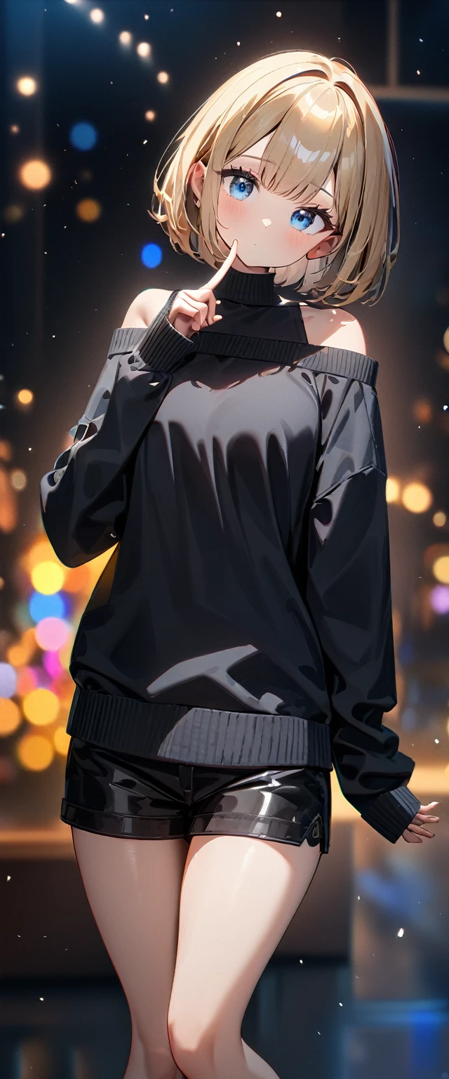 (((One girl))), blond hair, bob cut, breasts, from front, (cowboy shot), (looking at viewer), ((black shorts)), ((off-shoulder black sweater)), Hip Length, index finger to own mouth, arm at side, face in focus, ager, head tilt:1.3, (((blue eye))), ((no mouth)), ((sleeves past wrists)), anime style, (best quality, 4k, 8k, highres, masterpiece:1.2, ultra-detailed, ultra-detailed eyes, HDR, UHD, studio lighting, ultra-fine painting, sharp focus, physically-based rendering, extreme detail description, professional, vivid colors, bokeh)
