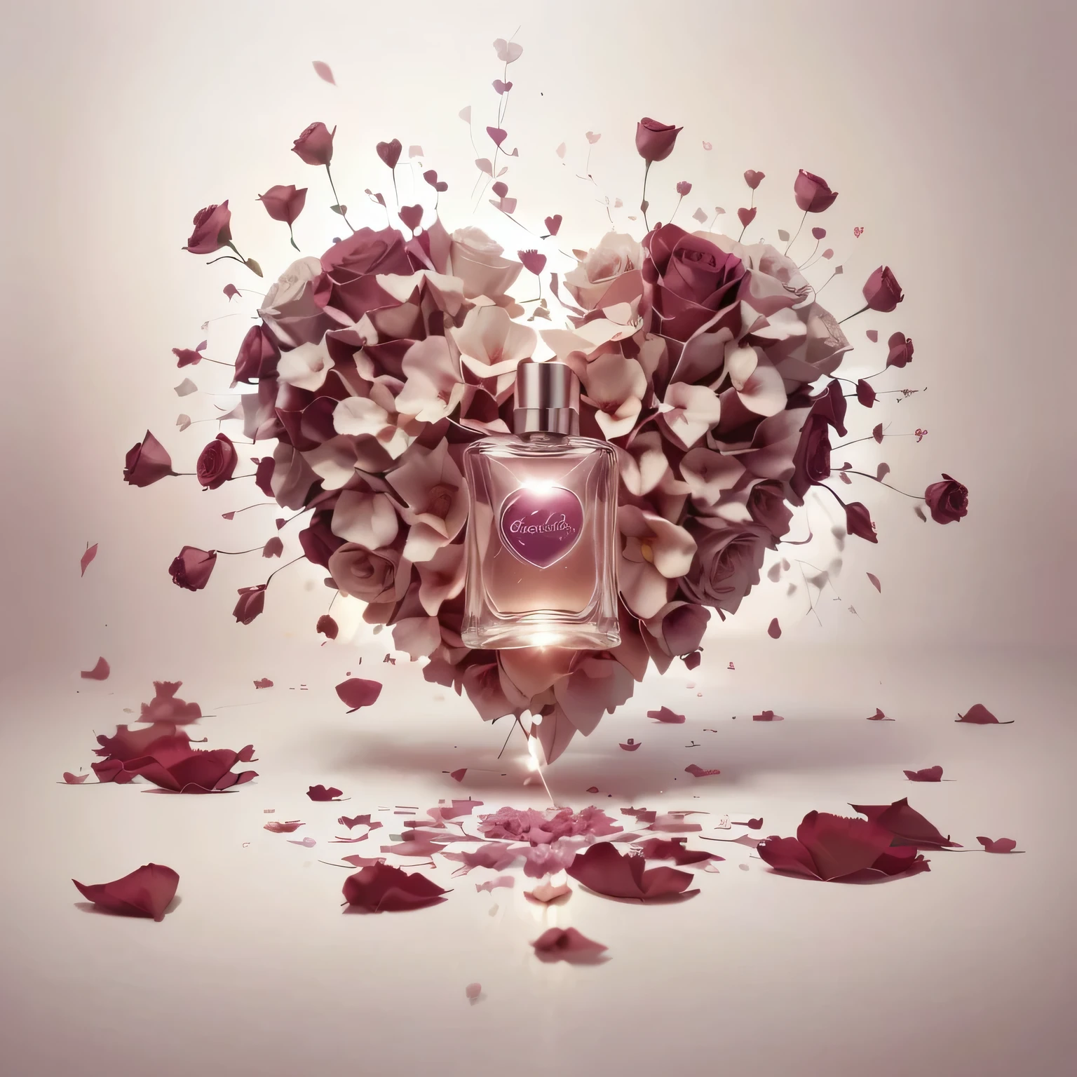 A delicate perfume bottle tipping gently, releasing a stream of small hearts that transform into colorful rose petals as they touch the ground. The scene is set against a soft, dreamy background with a hint of magic in the air. The hearts and petals are vibrant and varied, creating a whimsical and enchanting atmosphere Obra de arte, melhor qualidade, (papel de parede extremamente detalhado da unidade CG 8k), (melhor qualidade), (melhor ilustração), (melhor sombra), absurdos, iluminação realista, (Abismo), lindo brilho detalhado, arte de PeterMohrBacher,