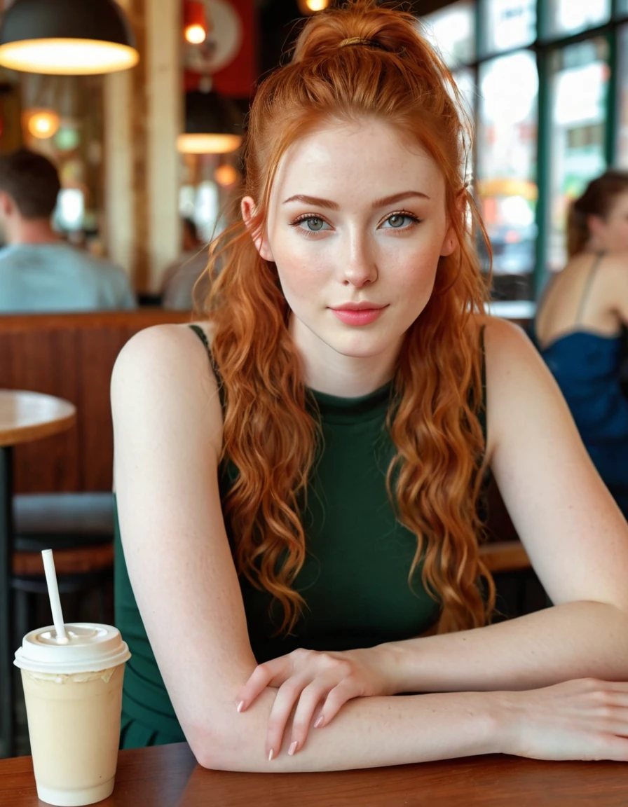 Photography full body portrait of a very beautiful realistic girl, sitting in the cafe, porcelain skin, very light skin, very pale skin, redhead, wavy, pony tail, Detail of skin structure, hazel eyes, Slit eyes, small-nose, small nostril, think of arched eyebrows, thick lower lip, seductive glance, happy face, unique face, foto realista, Masterpiece Image, sharp image, clear daylight