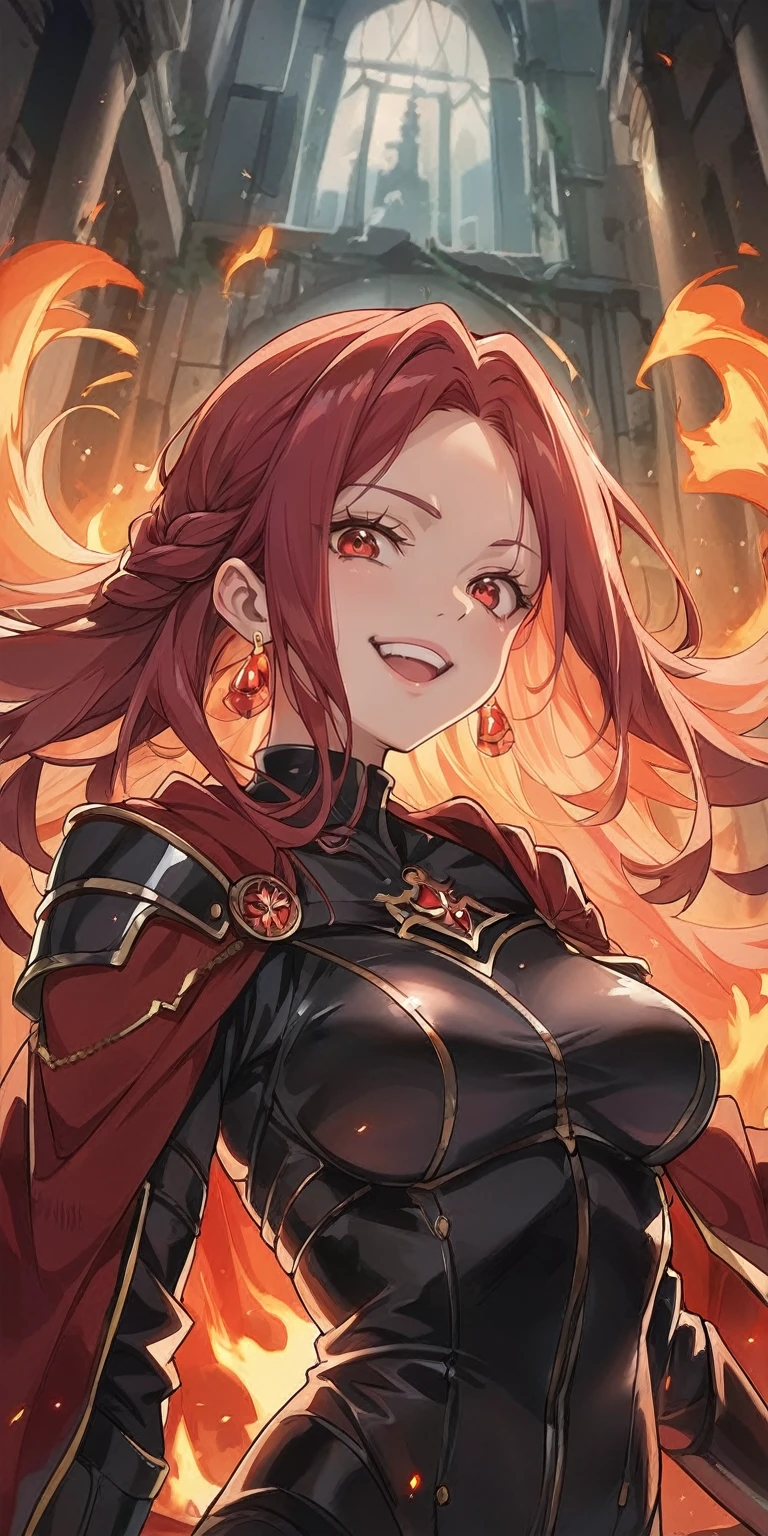 score_9, score_8_up, score_7_up, BREAK,
1girl, long black straight hair, dark knight,red eyes,beautiful face, upper body,black Armor and red robe, looking at view, realistic photo,Evil laugh,hiqcgbody ,perfect female figure,earring,narrow waist, looking at view, alluring,prestige,fire,indoor,ruins,EVA suit
