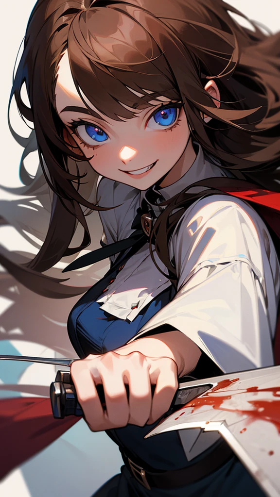 Adult, long brown hair with bangs, blue eyes, knife, bloody, vampire, manic smile