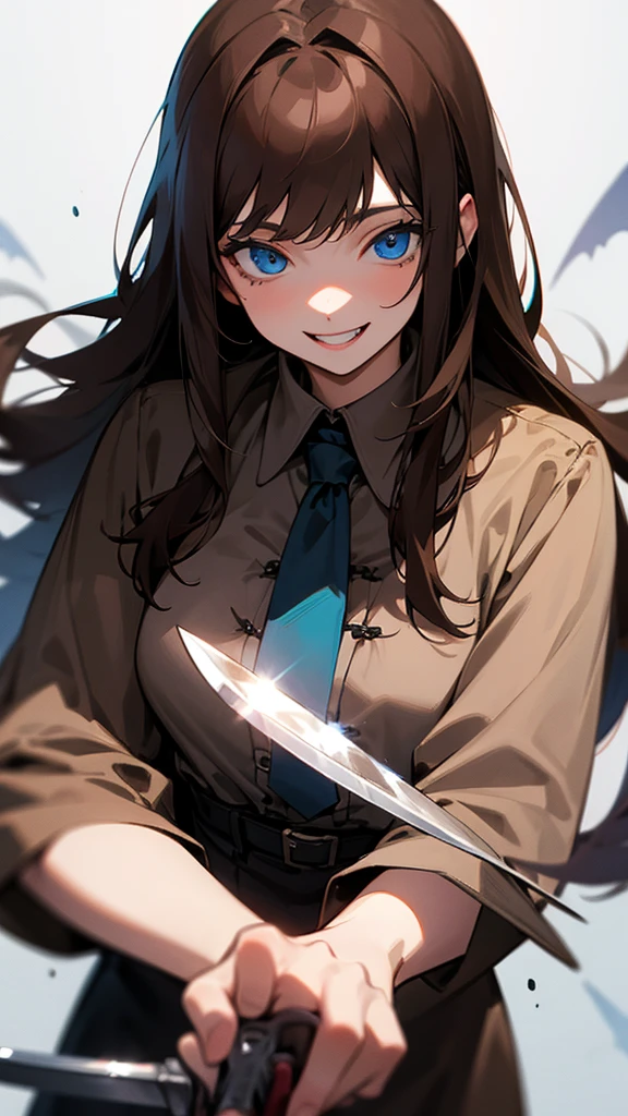 Adult, long brown hair with bangs, blue eyes, knife, bloody, vampire, manic smile