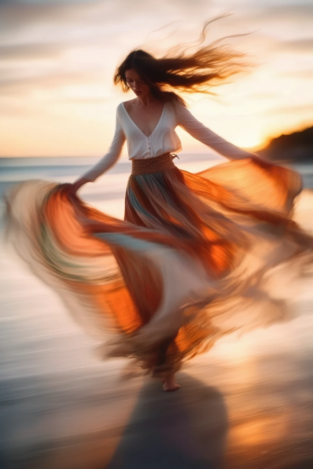 Elizabeth Gadd Style - A model in a flowy bohemian skirt, twirling swiftly on a beach at sunset, captured with a slow shutter speed to show the fluid motion of her skirt.