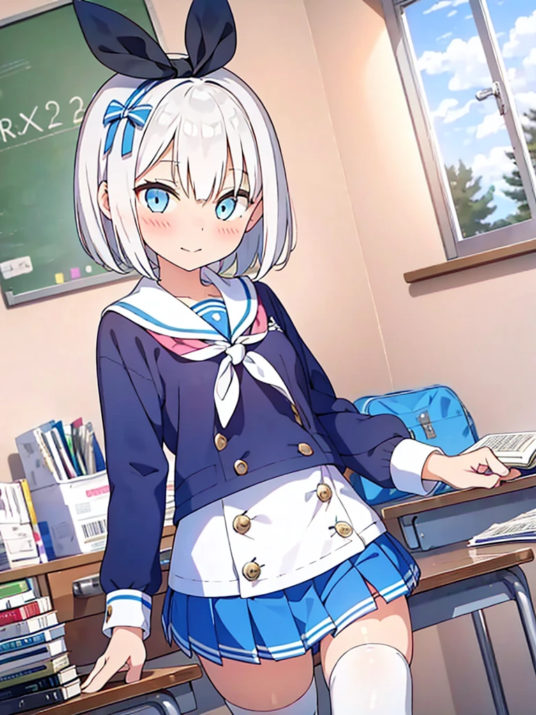 1 white-haired girl with ribbon decorations on her head, blue eyes in school mini skirt navy Women with white stockings at home