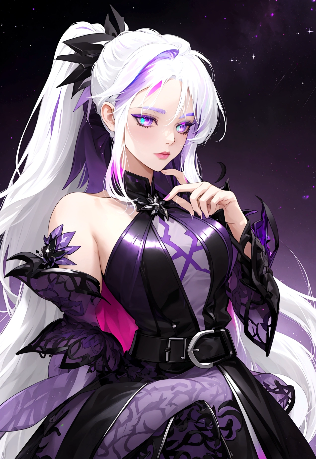 Demon hunter Neon Combat Dress from celestial, (Radiant Royal Cloak: 1.2) Black and silver Color, (extremely delicate beautiful eyes and depression but arrogant eyes), (multicolor, ponytail, iridescent hair, colorful hair, half purple and half white hair: 1.3), (magical, mythic,fantasy), (Super Model Body Shape, idol, seducing body, attractive, gorgeous, charming, majesty, Sexy Saint aura), Original Character, Masterpiece, Tempting Purple Eyes, Purple Gemstone Accessories, Gold Belt, Gold Necklace, Under sun shine, unique crown, (Corruption Tattoo on 1;1.25), 16k, bare shoulders, cute, petite, solo, stars, stardust, moist body detailed, killing scenario, legend, horny blush, pink lips, cinematic lighting, full body close-up, scale up, perfect shade, colorful, ultra sexy and seducing