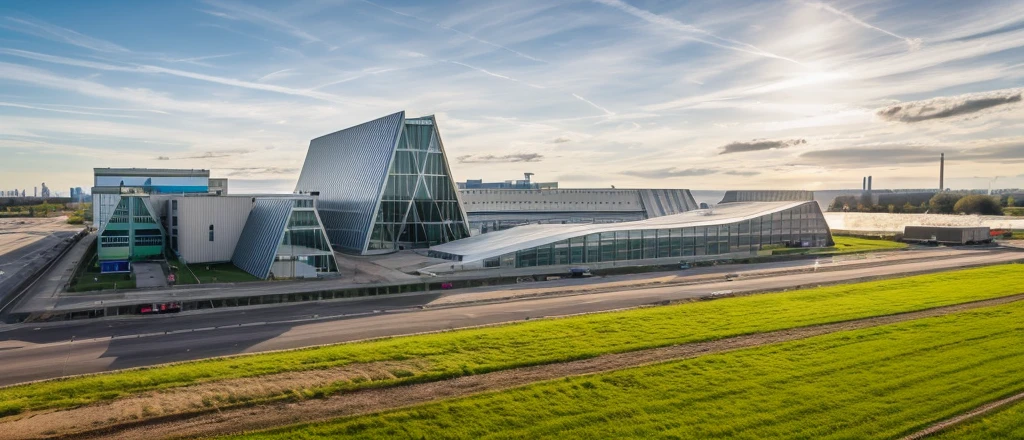 aerial view, master view, grass, day, line, curve, highquality, realistic photo, canon eos 5D mark, [[[architech1904]]], natural light, (realistic: 1.2), sharpen edge, morden building, factory, concrete wall.