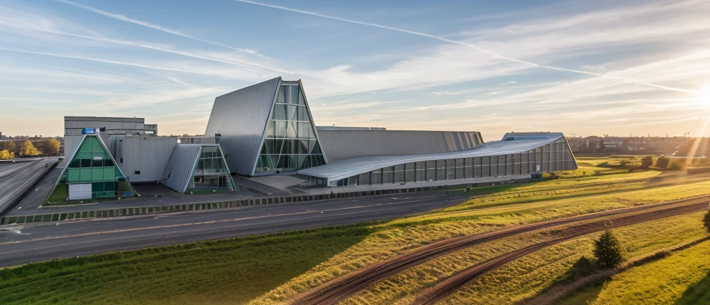 aerial view, master view, grass, day, line, curve, highquality, realistic photo, canon eos 5D mark, [[[architech1904]]], natural light, (realistic: 1.2), sharpen edge, morden building, factory, concrete wall.