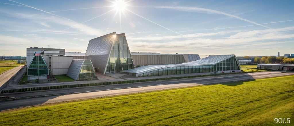 aerial view, master view, grass, day, line, curve, highquality, realistic photo, canon eos 5D mark, [[[architech1904]]], natural light, (realistic: 1.2), sharpen edge, morden building, factory, concrete wall.