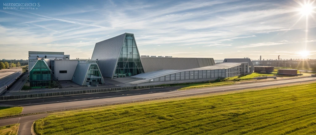 aerial view, master view, grass, day, line, curve, highquality, realistic photo, canon eos 5D mark, [[[architech1904]]], natural light, (realistic: 1.2), sharpen edge, morden building, factory, concrete wall.