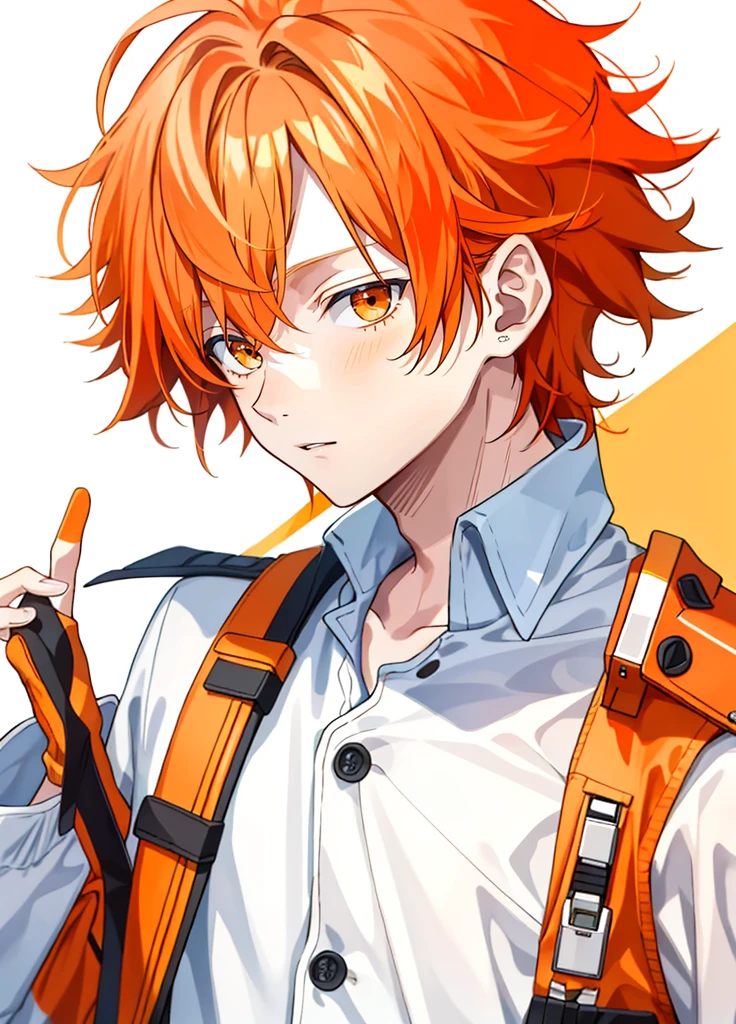 1 boy, 24 years old, messy hair, orange hair, medium hair, orange jumpsuit,
