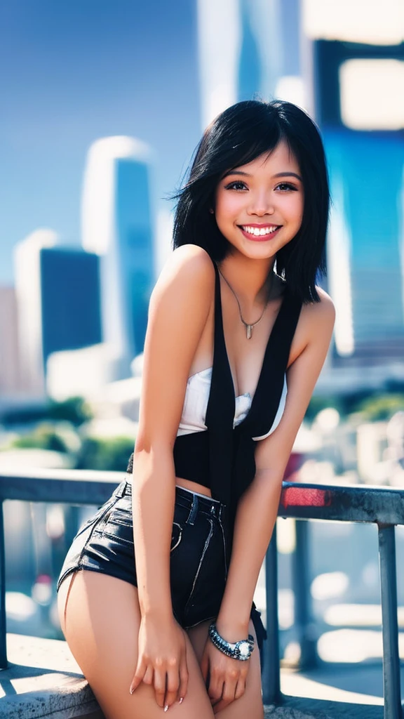 Blurred cityscape, summer、 Black Hair, Beautiful Filipina Women、summerらしく, short,Masterpiece、smile