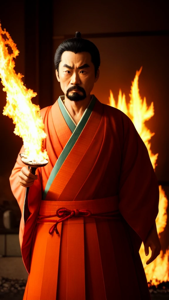 (Draw Oda Nobunaga's handsome face, like the model, in a realistic, live-action style: 1.4),
(Emphasis on his beautiful and handsome facial features, and give him a sense of tension and fierceness on the battlefield: 1.4) In particular, express his sharp eyes and determined expression.
(Nobunaga is wearing white clothing: 1.4),(He is still wearing the white clothing he wore in his bed: 1.4), This outfit is simple, but please depict him as prepared for battle.
Draw every detail of the outfit precisely, and recreate the accurate historical attire of the time.
Nobunaga is holding his drawn sword, ready for battle. Realistically recreate the detailed design of the sword and the way he holds it.
-If necessary, add blood to the sword to emphasize the intensity of the battle.
(Draw a scene of a large Japanese-style room at Honnoji Temple engulfed in flames in the background: 1.4), Realistically recreate a battle scene with burning flames and smoke.
Add details like broken sliding doors and scattered weapons to emphasize the chaos and tension of the battle.
Make Nobunaga's facial expression fearsome, emphasizing his determination and anger.
His posture should capture him preparing for battle, with both an offensive and defensive stance.
- The overall art style should be realistic and lifelike, with every detail depicted.
- Use lighting and shadows to emphasize depth and realism, and realistically depict the way the light from the fire reflects on Nobunaga's face.