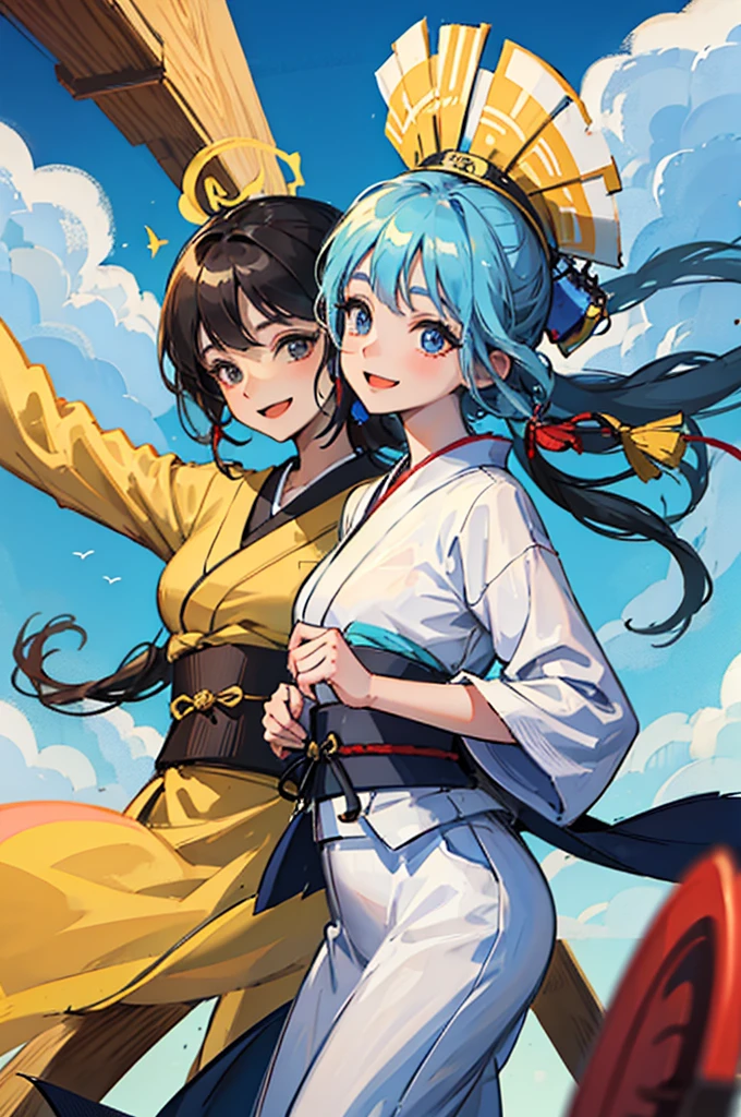 A beautiful smiling woman in a kimono greets people with a cheerful "Good morning" as her arms open under the blue sky