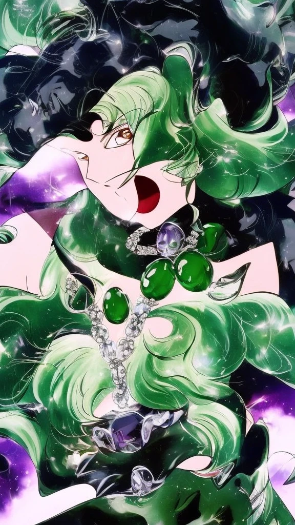 high quality, extremely detailed, perfect face,  Esmeraude, long green hair, (black moon symbol on forehead), black latex bodycon dress, large green gems, large breasts, long black latex gloves, evil smirk,two hand,sadistic smile,deep shaded face,laugh at,evil smile,evil smirk,two hands,five fingers,smile worst,worst ridecule,evil moukery,collar,web hair,