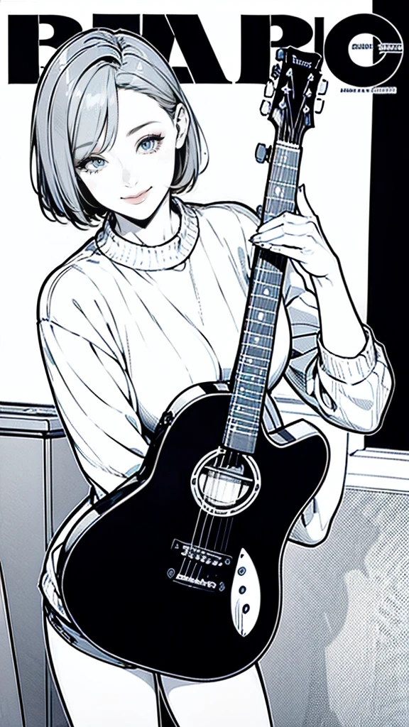 (masterpiece:1.2, Highest quality),(Line art),(Monochrome),(Very detailed),8K,magazine cover,1 female,Cute face,smile,close up,ash gray hair, very short hair, hair over eyes,   (pullover, shorts)((betterhand)),Random pose,Beautiful female hands,((lineart, monochrome)),BREAK,(((playing the guiter))),