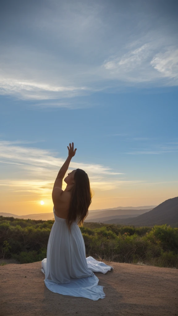 scenario: A spacious and natural environment, like a mountainous landscape at dawn or dusk. The soft, golden light of the sun can symbolize divine grace and spiritual renewal.

charachter: A person on their knees, with hands raised to the sky in a gesture of adoration and gratitude for salvation. Her face is illuminated by an expression of peace and serenity.

religious symbols: Around the person, elements such as a cross erected on a nearby hill may be present, an open bible with a verse that talks about salvation, or a crystal clear stream symbolizing purification and spiritual renewal.

Clouds and sky: The clear blue sky can represent spiritual transcendence and the presence of God. Soft, white clouds can complement the composition, creating a heavenly environment.

Colors and Shades: Soft colors and warm tones, like shades of orange, gold and sky blue, can convey a feeling of peace, Hope and redemption.

Focus and Composition: The photo can be captured from an angle that emphasizes the connection between the individual and the sky, with the sun shining softly in the background. The focus can be on the person&#39;s face, highlighting his expression of gratitude and joy for salvation.