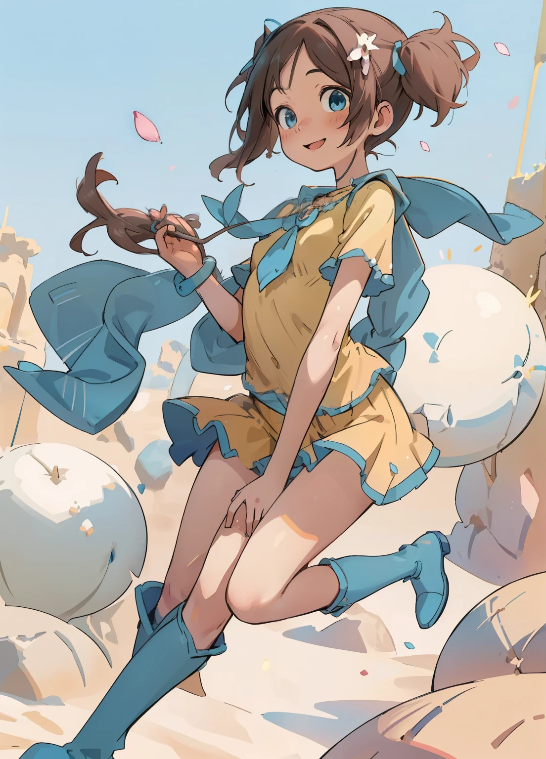 (masterpiece、Highest quality、Highest quality、Official Art、Beautiful and beautiful:1.2)、(One girl:1.3)Hatsune Miku、Twin tails,Beautiful breasts,alone, Pure Happiness, Super detailed, (Realistic, Realistic:1.0), Vibrant colors, (Barren Desert Background), oasis, Sand Dunes, Falling petals, かわいいわがままなOne girlのプリンセス, Holding a bouquet, walking, Laughter, LOL, Flat Chest, skinny, Very slim legs, Thigh Gap, ((young)), Yellow clothes, Silk Arm Warmers, Short skirt, High heel boots, Blue scarf, Brown Hair, Fine Jewelry, necklace, pendant, bracelet, Earrings, tiara, (Shining magical blue eyes), Looking down at the viewer, View from below, Hair Ribbon, Hair Flowers, Depth of written boundary, Cinema Lighting, Bokeh, masterpiece, Anatomically correct