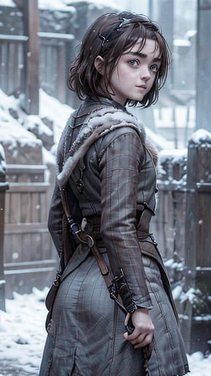 8k, Maisie Williams face, beautiful face, game of thrones character model, smiling, pale white skin, toned abs, small breast, round ass, tight ass, tight asshole, tight pussy, virgin pussy, her round ass visible, tied long brown hair, Maisie Williams as Arya Stark, torn ragged peasant dress, standing stance, winterfell city in background, snowing, back View, sharp focus on her ass