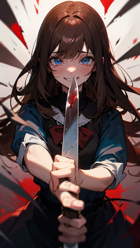 Adult, long brown hair with bangs, blue eyes, knife, bloody, vampire, manic smile, crying, yandere