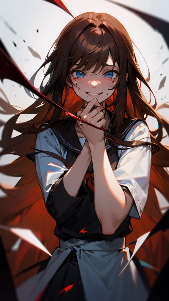 Adult, long brown hair with bangs, blue eyes, knife, bloody, vampire, manic smile, crying, yandere