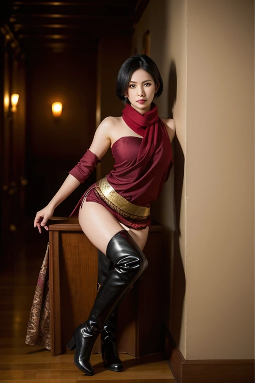 Beautiful Javanese woman, Ada Wong RE4 hairstyle, black hair, wearing a holster in her armpit, (wearing a shoulder length maroon shirt decorated with gold and a maroon scarf), wearing long toes parted at the thigh, patterned batik legs, HK USP 9 pistol tied to her thigh, (wearing thigh-length black boots) sitting pose leaning against the wall of the castle hallway (in style), night atmosphere, candles, bottom view, 4d, UHD 32k. hyper realistic. fog. reflective surface.