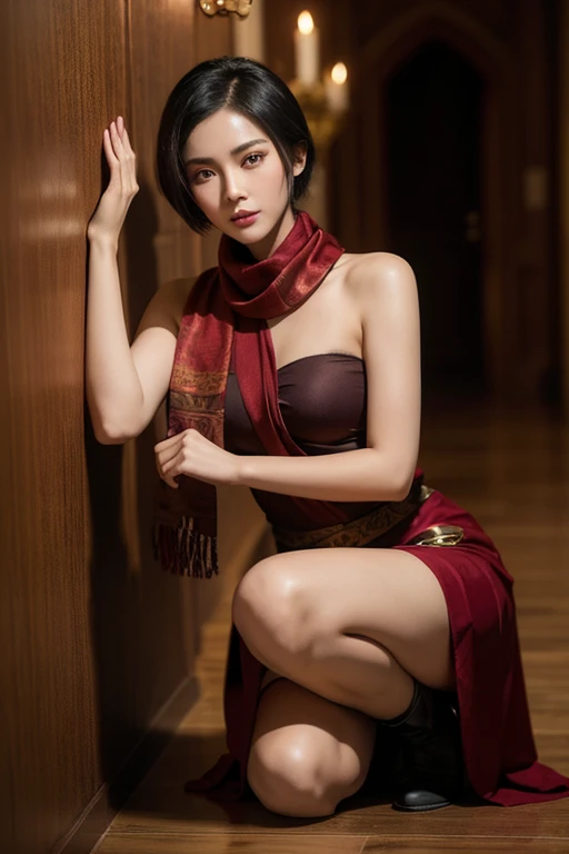 Beautiful Javanese woman, Ada Wong RE4 hairstyle, black hair, wearing a holster in her armpit, (wearing a shoulder length maroon shirt decorated with gold and a maroon scarf), wearing long toes parted at the thigh, patterned batik legs, HK USP 9 pistol tied to her thigh, (wearing thigh-length black boots) sitting pose leaning against the wall of the castle hallway (in style), night atmosphere, candles, bottom view, 4d, UHD 32k. hyper realistic. fog. reflective surface.