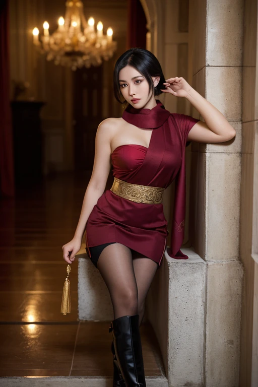 Beautiful Javanese woman, Ada Wong RE4 hairstyle, black hair, wearing a holster in her armpit, (wearing a shoulder length maroon shirt decorated with gold and a maroon scarf), wearing long toes parted at the thigh, patterned batik legs, HK USP 9 pistol tied to her thigh, (wearing thigh-length black boots) sitting pose leaning against the wall of the castle hallway (in style), night atmosphere, candles, bottom view, 4d, UHD 32k. hyper realistic. fog. reflective surface.