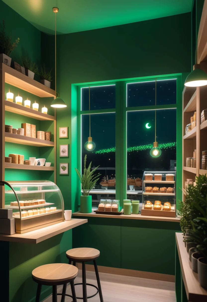 a cozy night time at a coffe interior with cozy lighting and sweets in the shelves. There is a big window in the middle of the coffeeshop and the outside view is just a green solid color