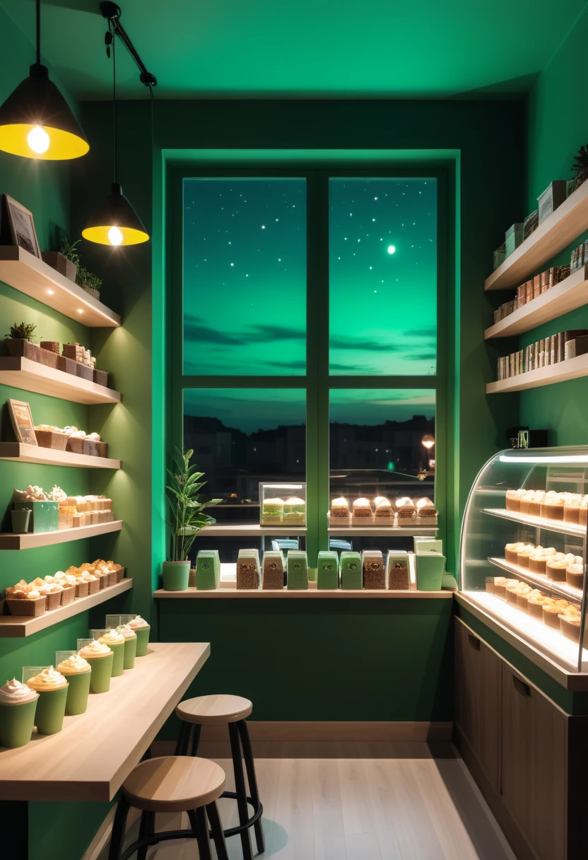a cozy night time at a coffe interior with cozy lighting and sweets in the shelves. There is a big window in the middle of the coffeeshop and the outside view is just a green solid color