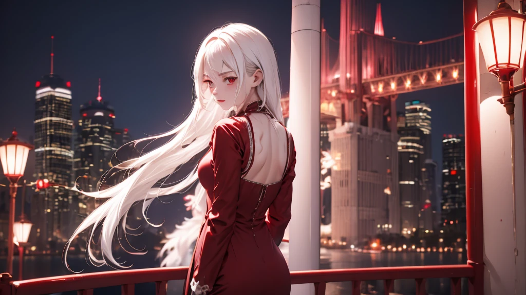 1 Girl, medium light white hair, light white eyes, wearing Red Suit 4D , night TOWN 18+, high res, ultrasharp, 8K, masterpiece, looking from behind