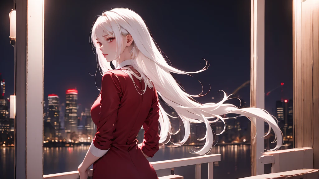 1 Girl, medium light white hair, light white eyes, wearing Red Suit 4D , night TOWN 18+, high res, ultrasharp, 8K, masterpiece, looking from behind
