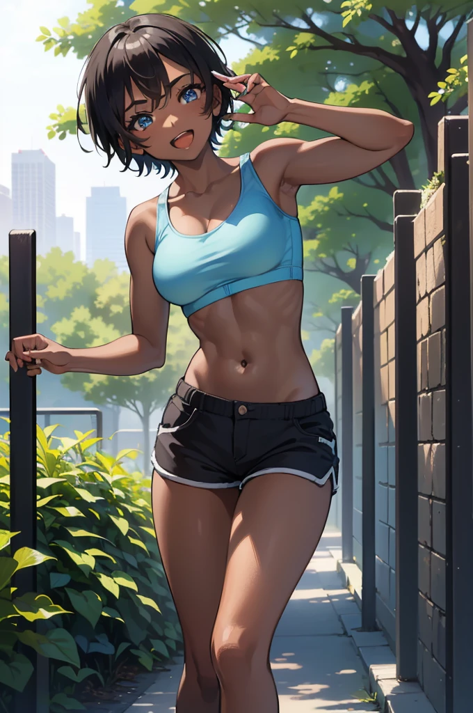 masterpiece, best quality, 1girl, ((solo)), ((medium breasts)), ((teenage girl)), (((dark-skinned female))), short hair, blue eyes, ((sports bra)), happy smile, ((open mouth)), ((casual black shorts)), (((walking))), cute, ((park)), ((vivid colors)), beautiful detailed sunlight, detailed eyes, expressive eyes, perfect hands, highest quality, focused, ultra detailed, absurdres,