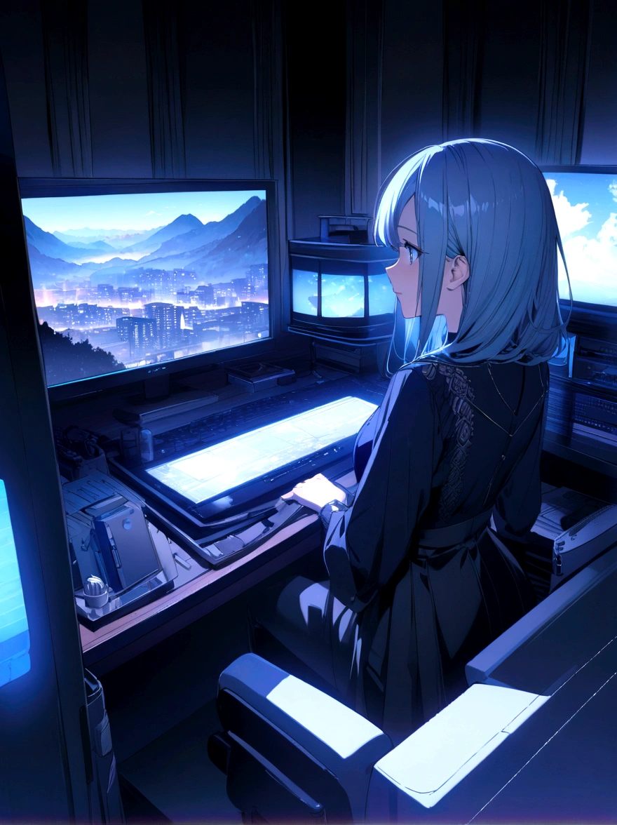 (best quality,high resolution:1.2),Extremely detailed,professional,Anime Landscape,Night view,Computer Desk,Modern and stylish,Elegant design,Elegant screen,Cool blue light,wallpaper,Very detailed