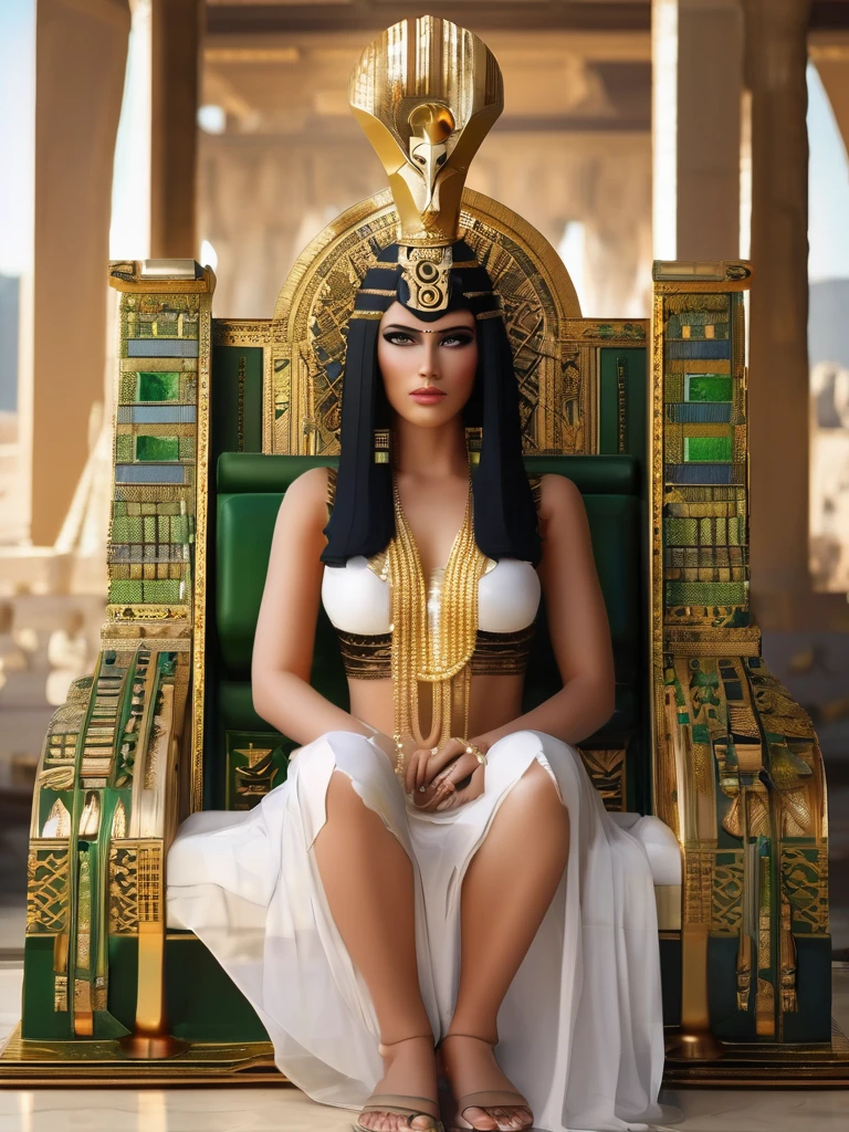 a photo of cleopatra sitting on the throne looking towards the pyramids, white skin black hair, very cute realistic green eyes, beautiful and desired body, very sexy and realistic transparent white dress with gold and golden threads realistic, Sexy and realistic transparent body glued, naked 
