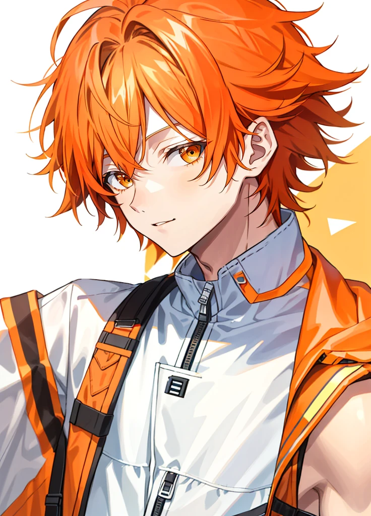1 boy, 24 years old, messy hair, orange hair, medium hair, orange jumpsuit,