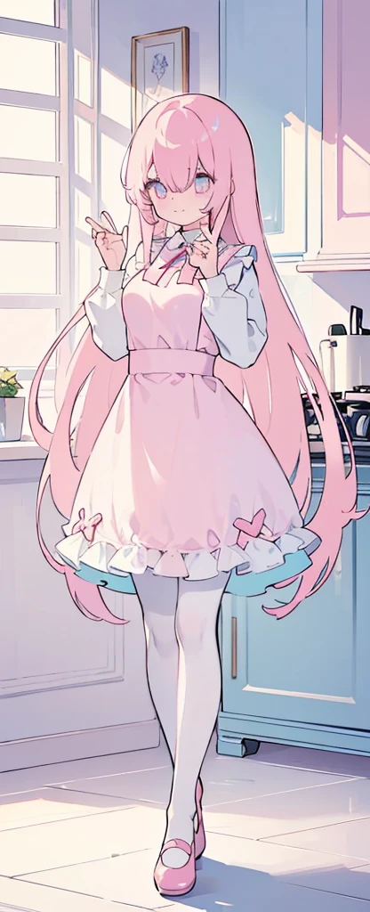 (((Long pinky Beautiful Hair))),pink hair,kawai,(((Eyes visible from bangs,hair over eyes:1.3))),,Huge breasts,(cyan color eyes),,(pink slanted eyes),1girl in,bangs,long CYAN  hair, pantyhose,Cowboy Shot,white background,short hair,smiled,(wearing pink maid clothes), (maid dress type must have a perfect pink vest), Bangs should be long to the tip of the chin(((Standing pose facing to the right side free hand pose))), Kitchen room background, Perfect arm fingers,,, 1 girl, ((The image must match the tag)) Bangs almost cover the eyes full body (The character's entire body from top to bottom is completely visible) (The character's entire body is visible from head to toe) wearing shiny pink shoes (full body image full body image) full body image full body image)