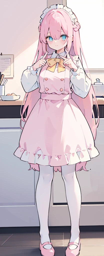 (((Long pinky Beautiful Hair))),pink hair,kawai,(((Eyes visible from bangs,hair over eyes:1.3))),,Huge breasts,(cyan color eyes),,(pink slanted eyes),1girl in,bangs,long CYAN hair, pantyhose,Cowboy Shot,white background,short hair,smiled,(wearing pink maid clothes), (maid dress type must have a perfect pink vest), Bangs should be long to the tip of the chin(((Standing pose facing to the right side free hand pose))), Kitchen room background, Perfect arm fingers,,, 1 girl, ((The image must match the tag)) Bangs almost cover the eyes full body (The character's entire body from top to bottom is completely visible) (The character's entire body is visible from head to toe) wearing shiny pink shoes (full body image full body image) full body image full body image)