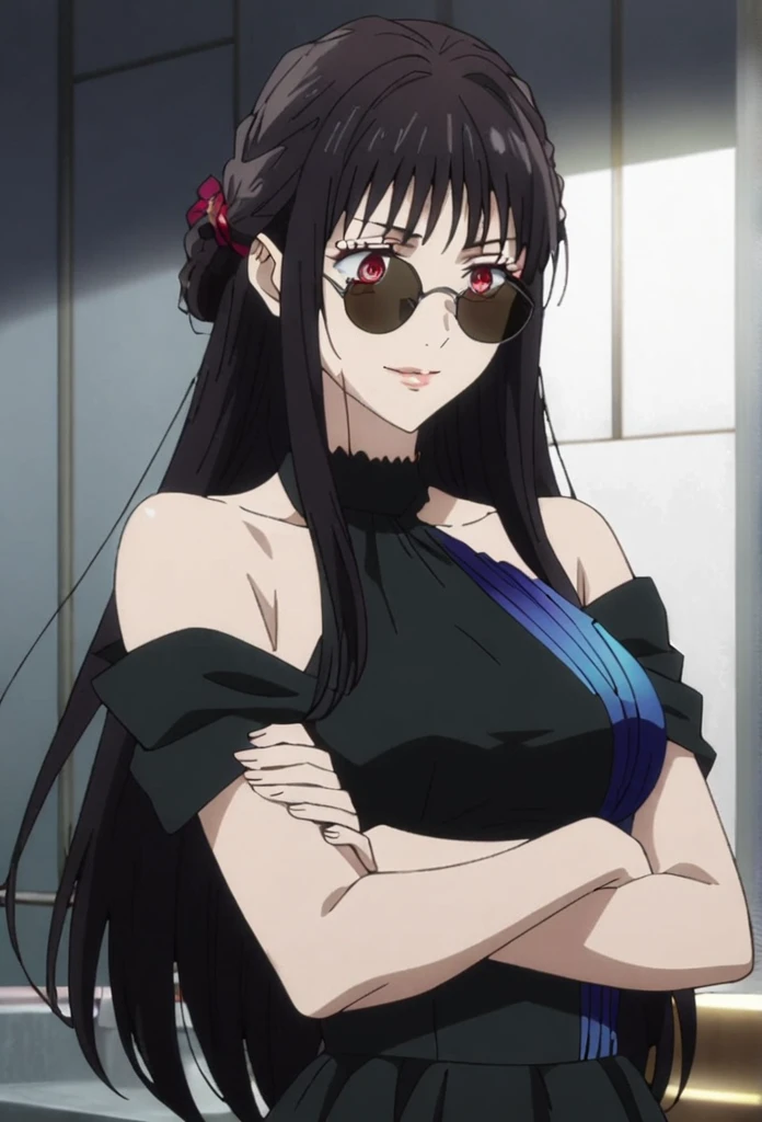 1girl, female gojo satoru, anime screencap from jujutsu kaisen, gojo satoru female version, solo, long_hair, red eyes ((black_hair)), night view, breasts, upper_body, smile, indoors, book, bangs, blue_eyes, lips, (wearing round sunglasses) , ((her hairstyle : The character in the image has long straight black hair)) wearing black color party dress, bare shoulder, breast, "very detailed and high resolution" (red eyes) ((cross arms))  ((long hair)) ((solo))