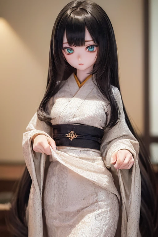 (SFW:2), photorealistic, realistic photo, ((highest quality)), ((masterpiece)), ((extremely detailed)), kukolnydom, doll, ( woman, 22yo, 22 years old:1.6), solo, ((cowboy shot, standing, skinny, slender, slim, kimono, obi, hair ornament)), green eyes, parted lips, (black hair, long hair, looking at anotheblank eyes, empty eyes, detailed eyes, detailed clothes:1.3), Japanese room, 8k