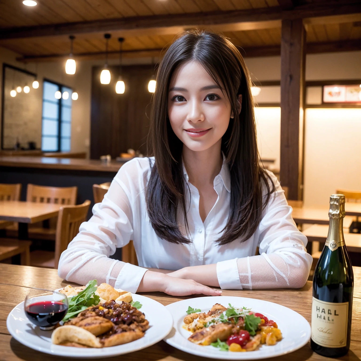 ((Highest quality、8K、masterpiece:1.3))、1 male、1 female、spouse、Beautiful couple、Japanese couple、smile、 (Slim face), (the body is スリム), (Brown Hair), (Shortcuts), ((Bob Hale、Straight hair:1.2)), テーブルの上のwine glass、Please shine a light on my face、 Amazing view of the sunset sky and clouds、Amazing mountain views、smileの美しさ、Bright image、Blushing, Shortcuts,Bright Face、 years old), 39 years old, red wine 、Appetizers、Italian food、Wine bottle、Champagne、sparkling wine、Long sleeve shirt、dress、Attractive beauty、restaurant, Nova Frog Style, actress, model, Upper Body, White wine, red wine, wine glass,