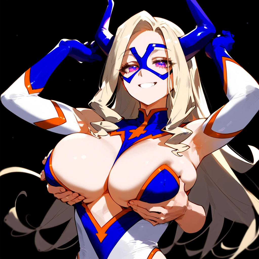 anime artwork, score_9, score_8_up, score_7_up, score_6_up, score_5_up, score_4_up, Mount Lady, blonde hair, purple eyes, big breasts, she is 24 years old, style_3, ,highleg bikini, armpits, hands up, black background, solo, disembodied hands grabbing her breasts, _smile,deep grab,