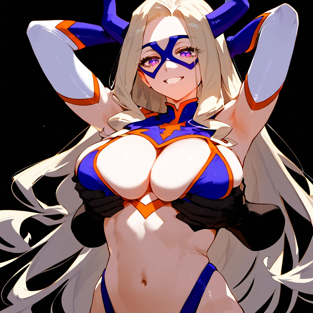 anime artwork, score_9, score_8_up, score_7_up, score_6_up, score_5_up, score_4_up, Mount Lady, blonde hair, purple eyes, big breasts, she is 24 years old, style_3, ,highleg bikini, armpits, hands up, black background, solo, disembodied hands grabbing her breasts, _smile,deep grab, 