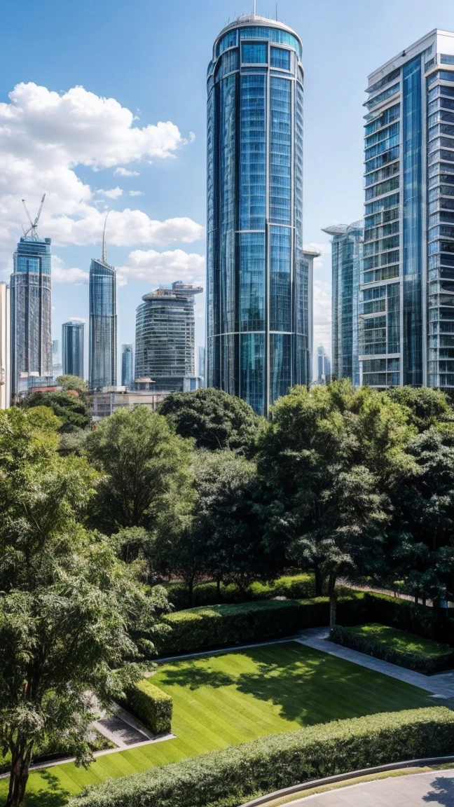 Imagine a vacant plot of land in the heart of a bustling modern city. The plot is completely empty, covered in green grass, and is surrounded by towering luxurious buildings. To the left, there is a gleaming glass and steel skyscraper, with spacious balconies adorned with lush greenery. To the right, a sleek contemporary building with large panoramic windows and a facade in shades of silver and blue stands tall. Behind the plot, a high-end residential complex with hanging gardens and exclusive leisure areas can be seen. In front of the plot, a busy avenue filled with luxury cars and well-dressed pedestrians completes the urban scene. The sky is clear with a few clouds, adding to the vibrant and sophisticated city atmosphere.

